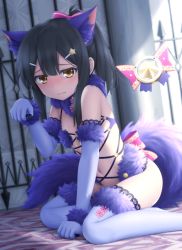 Rule 34 | 1girl, animal ears, bare shoulders, black hair, blush, brown eyes, commentary, cosplay, elbow gloves, embarrassed, fang, fang out, fate/grand order, fate/kaleid liner prisma illya, fate (series), flat chest, fur-trimmed gloves, fur-trimmed legwear, fur collar, fur trim, gloves, goribote, hair ornament, hairclip, indoors, kaleido sapphire, kemonomimi mode, looking at viewer, mash kyrielight, mash kyrielight (dangerous beast), mash kyrielight (dangerous beast) (cosplay), miyu edelfelt, navel, official alternate costume, paw pose, revealing clothes, sitting, solo, star (symbol), star hair ornament, tail, thighhighs, white thighhighs, window, wolf ears, wolf tail