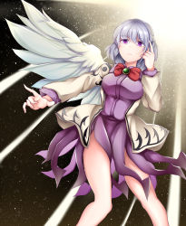 Rule 34 | 1girl, absurdres, angel wings, bare legs, beige jacket, bow, bowtie, braid, breasts, dress, expressionless, feathered wings, french braid, gem, green gemstone, hair between eyes, highres, impossible clothes, kishin sagume, koizumo, large breasts, long sleeves, looking to the side, purple dress, purple eyes, red bow, red bowtie, short hair, silver hair, single wing, solo, thighs, touhou, wings