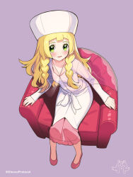 Rule 34 | 1girl, armchair, blonde hair, blunt bangs, blush, caitlin (pokemon), caitlin (pokemon) (cosplay), chair, collarbone, commentary request, cosplay, creatures (company), dress, eyelashes, game freak, green eyes, hat, highres, kinocopro, lillie (pokemon), long hair, long sleeves, looking at viewer, nintendo, open mouth, pink footwear, pokemon, pokemon bw, pokemon sm, see-through cape, shoes, sitting, smile, solo, twitter username, watermark, white dress, white hat