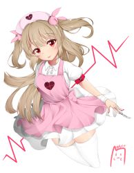 Rule 34 | 1girl, :p, apron, bad id, bad pixiv id, bandages, cardiogram, circle skirt, dress, frills, hair ornament, hat, heart, highres, lifeline, light brown hair, lomocya, long hair, looking at viewer, nail polish, natori sana, nurse cap, pink apron, pink nails, puffy short sleeves, puffy sleeves, rabbit hair ornament, red eyes, sana channel, scalpel, short sleeves, smile, solo, thighhighs, tongue, tongue out, two side up, virtual youtuber, white dress, white thighhighs, wind, wind lift