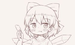 Rule 34 | 1girl, arinu, blush, bow, cirno, closed mouth, collarbone, detached wings, fairy, food, hair between eyes, hair bow, holding, holding food, ice, ice wings, monochrome, popsicle, shirt, short hair, short sleeves, solo, touhou, wings