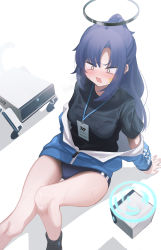Rule 34 | 1girl, absurdres, black footwear, black shirt, blue archive, blue eyes, blue jacket, blush, breasts, buruma, commentary, facing viewer, feet out of frame, from above, gym uniform, halo, hands on ground, highres, id card, jacket, jacket partially removed, knee up, long hair, looking away, looking up, medium breasts, official alternate costume, open mouth, parted bangs, ponytail, purple eyes, purple hair, robot, shadow, shirt, short sleeves, simple background, sitting, solo, star (symbol), star sticker, steam, sweat, sweatdrop, thighs, track jacket, wet, wet clothes, wet shirt, white background, yako mashiro, yuuka (blue archive), yuuka (track) (blue archive)