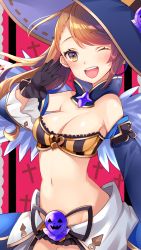 Rule 34 | 10s, 1girl, ;d, bare shoulders, beatrix (granblue fantasy), breasts, brown eyes, brown hair, cleavage, commentary request, detached sleeves, gloves, granblue fantasy, halloween, hat, highres, long hair, matching hair/eyes, medium breasts, nan (jyomyon), navel, one eye closed, open mouth, smile, solo, striped, witch hat