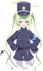 Rule 34 | 1girl, belt, black belt, black hat, black shirt, black shorts, black tail, blue archive, blush, cowboy shot, demon tail, earrings, fang, green hair, green halo, hair between eyes, halo, hat, highres, jewelry, long hair, long sleeves, murase48, nozomi (blue archive), open mouth, pantyhose, peaked cap, pointy ears, revision, shirt, shorts, simple background, single earring, skin fang, smile, solo, tail, twintails, white background, white pantyhose, yellow eyes