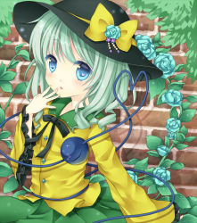 Rule 34 | 1girl, blue eyes, blue rose, blush, bow, flower, green hair, hand to own mouth, harukaruha, hat, hat bow, heart, heart-shaped pupils, heart of string, komeiji koishi, rose, sash, solo, symbol-shaped pupils, touhou, wide sleeves