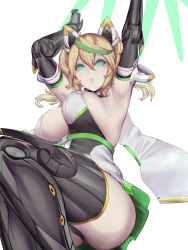 Rule 34 | 1girl, :o, armpits, arms up, ass, black panties, blonde hair, bouncing breasts, breasts, cameltoe, cleavage, dress, gene (pso2), green hair, hair between eyes, headgear, highres, kumiko shiba, large breasts, long hair, looking at viewer, multicolored hair, panties, parted lips, phantasy star, phantasy star online 2, prosthesis, prosthetic arm, prosthetic leg, short dress, skindentation, sleeveless, sleeveless dress, solo, streaked hair, twintails, underbust, underwear