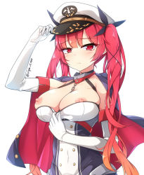 Rule 34 | 1girl, azur lane, black ribbon, blush, breasts, cape, clothes pull, covered navel, dress pull, elbow gloves, embarrassed, gloves, gold trim, hair ribbon, halterneck, hat, honolulu (azur lane), large breasts, long hair, looking at viewer, nipples, no bra, red eyes, red hair, ribbon, ripe.c, solo, twintails, underbust, very long hair, white gloves
