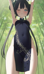 Rule 34 | 1girl, absurdres, arms up, bamboo, bamboo forest, bananafish1111, black dress, blue archive, blue eyes, blush, breasts, butterfly hair ornament, china dress, chinese clothes, covered navel, double bun, dress, forest, hair bun, hair ornament, highres, kisaki (blue archive), long hair, nature, no panties, one eye closed, small breasts, solo, standing, twintails