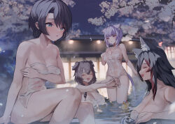 Rule 34 | 4girls, animal ear fluff, animal ears, aqua eyes, black hair, blush, breasts, brown hair, cat ears, cat girl, cat tail, cleavage, convenient arm, convenient censoring, dog ears, dog girl, flower, highres, hololive, inugami korone, large breasts, long hair, medium breasts, multicolored hair, multiple girls, naked towel, navel, nekomata okayu, onsen, ookami mio, oozora subaru, open mouth, outdoors, purple eyes, red hair, rubber duck, see-through, short hair, sitting, speech bubble, susukawa (susucawa), tail, towel, two-tone hair, virtual youtuber, wolf ears