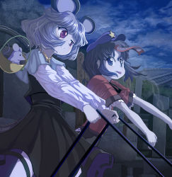 Rule 34 | 2girls, animal ears, basket, beret, blue eyes, blue hair, capelet, dowsing rod, female focus, graveyard, grey hair, hat, highres, jiangshi, miyako yoshika, mouse (animal), mouse ears, mouse tail, multiple girls, nazrin, ofuda, outstretched arms, red eyes, shirt, skirt, sotoba, syope, tail, tongue, tongue out, touhou, zombie pose