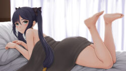 Rule 34 | 1girl, ass, bare shoulders, barefoot, bed sheet, black hair, blush, duzimura, feet, feet up, genshin impact, green eyes, legs, long hair, looking at viewer, looking back, lying, mona (genshin impact), on stomach, pillow, soles, solo, toes, twintails