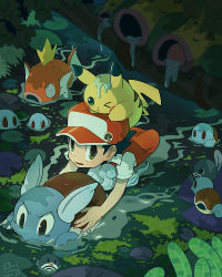 Rule 34 | &gt; o, 1boy, baseball cap, black hair, bo9 (bo9 nc), closed mouth, commentary, creatures (company), drooling, fish, game freak, gen 1 pokemon, hat, holding, jacket, lily pad, magikarp, male focus, nintendo, on head, one eye closed, pikachu, pokemon, pokemon (creature), pokemon on head, pokemon rgby, poliwag, red (pokemon), red headwear, saliva, short hair, short sleeves, squirtle, swimming, symbol-only commentary, wartortle, water, weepinbell, wet