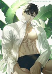 Rule 34 | 1boy, abs, artist name, biting, biting clothes, black male underwear, brown hair, collared shirt, copyright name, green eyes, jaxx s2, leaf, looking at viewer, male focus, male underwear, matthew raynor, muscular, muscular male, open clothes, open shirt, pectorals, shirt, solo, thick eyebrows, under the greenlight, underwear, white shirt