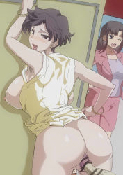 Rule 34 | 2girls, absurdres, against wall, arm up, armpits, ass, backboob, bar censor, black hair, blush, bottomless, breasts, breasts out, censored, earrings, highres, jacket, jewelry, katsura manami, large breasts, lips, lipstick, looking at viewer, looking back, makeup, mature female, medium breasts, multiple girls, nipples, no panties, open mouth, penis, pink jacket, pink shirt, purple shirt, pussy, red lips, robota0808, saionji youko, school days, sex, sex from behind, shirt, short hair, sideboob, sleeveless, sleeveless shirt, yellow shirt