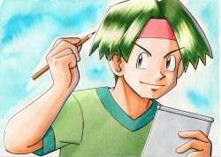Rule 34 | 1boy, blue background, closed mouth, commentary request, creatures (company), game freak, green hair, green shirt, grey eyes, hands up, headband, highres, holding, holding notepad, holding pencil, male focus, nintendo, notepad, oka mochi, parted bangs, pencil, pink headband, pokemon, pokemon (anime), pokemon (classic anime), shirt, short hair, short sleeves, smile, solo, t-shirt, tracey sketchit, traditional media, upper body, v-shaped eyebrows