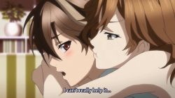Rule 34 | 1boy, 1girl, animated, anime screenshot, blush, breast rest, breasts, brown eyes, brown hair, closed eyes, guilty crown, highres, hug, hug from behind, large breasts, mother and son, nightgown, ouma haruka, ouma shuu, pout, purple nightgown, sound, subtitled, video