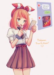 Rule 34 | 10s, 1girl, blouse, blue eyes, bow, cellphone, commentary request, copyright name, creatures (company), eating, english text, food, game freak, gen 7 pokemon, hair bow, hairband, heart, litten, makaroll, may (pokemon), mouth hold, necktie, nintendo, orange hair, phone, pleated skirt, pocky, pokemon, pokemon sm, puffy short sleeves, puffy sleeves, scrunchie, shirt, short sleeves, skirt, smartphone, smile, solo, text messaging, white shirt, wrist scrunchie