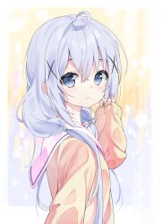 Rule 34 | 1girl, ahoge, blue eyes, brown sweater, closed mouth, commentary request, from side, gochuumon wa usagi desu ka?, grey hair, hair between eyes, hair ornament, hair over shoulder, hand up, kafuu chino, long hair, looking at viewer, looking to the side, low twintails, pinching sleeves, sailor collar, school uniform, serafuku, shiraki shiori, sleeves past wrists, solo, sweater, twintails, very long hair, white sailor collar, x hair ornament