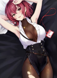 Rule 34 | 1girl, absurdres, armpits, black skirt, blush, bodystocking, bra, bra peek, breasts, cleavage, collared shirt, covered navel, gloves, hair between eyes, heart, heart necklace, heterochromia, high-waist skirt, highres, hololive, houshou marine, houshou marine (businesswoman), id card, jewelry, lanyard, large breasts, looking at viewer, lying, miniskirt, monyo0303, necklace, official alternate costume, open mouth, red eyes, red hair, see-through, see-through cleavage, shirt, short hair, skirt, sleeveless, sleeveless shirt, solo, underwear, virtual youtuber, white shirt, yellow eyes