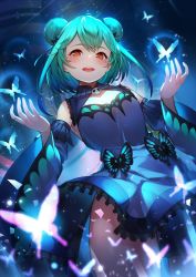 Rule 34 | 1girl, aqua hair, blue dress, blush, breasts, bug, butterfly, cleavage, cleavage cutout, clothing cutout, cowboy shot, detached sleeves, double bun, dress, frilled dress, frills, glowing butterfly, hair bun, hair ornament, hair ribbon, highres, hololive, insect, kakage, light particles, looking at viewer, medium hair, open mouth, orange eyes, ribbon, skull, skull hair ornament, small breasts, smile, solo, thighs, uruha rushia, uruha rushia (1st costume), virtual youtuber, wide sleeves