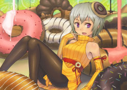 Rule 34 | 1girl, :d, bare shoulders, black pantyhose, detached sleeves, doughnut, female focus, finger to mouth, food, green hair, hashi, highres, in food, mini person, minigirl, open mouth, original, oversized object, pantyhose, purple eyes, short hair, silver hair, sitting, smile, solo