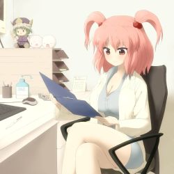Rule 34 | 1girl, breasts, chair, character doll, cleavage, clipboard, contemporary, female focus, green hair, hair bobbles, hair ornament, hat, holding, kedama (touhou), keyboard (computer), lab coat, large breasts, crossed legs, mouse (computer), onozuka komachi, pink hair, rod of remorse, shiki eiki, sitting, solid oval eyes, solo, touhou, twintails, two side up, uboaa (uhhohho)