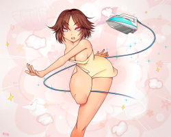 Rule 34 | &gt;:d, 1girl, :d, bare shoulders, breasts, brown hair, cleavage, clothes iron, kuroonehalf, looking at viewer, medium breasts, naked towel, open mouth, original, red eyes, short hair, smile, solo, standing, standing on one leg, towel, v-shaped eyebrows