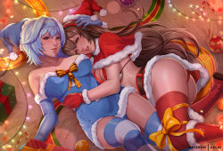 Rule 34 | 2girls, amber (genshin impact), ass, blue gloves, blue hair, blue hairband, blue panties, blue thighhighs, box, breasts, brown hair, capelet, christmas, dress, elbow gloves, eula (genshin impact), exlic, fur-trimmed capelet, fur-trimmed dress, fur-trimmed gloves, fur-trimmed skirt, fur trim, genshin impact, gift, gift box, gloves, hairband, hat, large breasts, long hair, looking at viewer, lying, multiple girls, on back, on side, open mouth, panties, red capelet, red gloves, red legwear, red panties, red skirt, ribbon, santa hat, skirt, strapless, strapless dress, string lights, striped clothes, striped legwear, striped thighhighs, thighhighs, underwear, white legwear, yellow ribbon