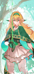 Rule 34 | 1girl, artist name, blonde hair, cape, commentary request, day, ear covers, elf, fantasy, gloves, gold trim, green cape, green eyes, green gloves, green hairband, hair between eyes, hairband, highres, holding, holding sword, holding weapon, looking at viewer, nagasawa tougo, original, outdoors, pantyhose, pointy ears, solo, standing, sword, transparent weapon, tree, weapon, white pantyhose