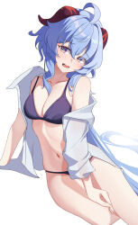Rule 34 | 1girl, absurdres, ahoge, blue hair, bra, breasts, chinese commentary, commentary, ederh, ganyu (genshin impact), genshin impact, highres, horns, long hair, medium breasts, navel, off shoulder, purple bra, shirt, simple background, single bare shoulder, sitting, solo, stomach, thighs, underwear, very long hair, white background, white shirt