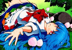 Rule 34 | 1girl, :d, bad id, bad twitter id, black hat, blue hair, blue skirt, bow, bowtie, food, fruit, hat, hinanawi tenshi, knees up, long hair, looking at viewer, lying, on back, open mouth, outdoors, peach, puffy short sleeves, puffy sleeves, qqqrinkappp, rainbow order, red bow, red bowtie, red eyes, short sleeves, skirt, smile, solo, touhou, traditional media, unworn hat, unworn headwear