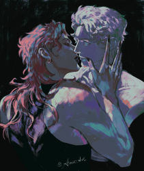Rule 34 | 1boy, amuii, bare shoulders, claws, dio brando, earrings, imminent kiss, jewelry, jojo no kimyou na bouken, jonathan joestar, long hair, male focus, muted color, red hair, sculpture, stardust crusaders, statue, upper body