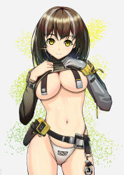 Rule 34 | 1girl, arknights, bad id, bad pixiv id, belt, belt pouch, bird, breasts, brown hair, brown sweater, cleavage, clothes lift, commentary request, cowboy shot, digiplant, earrings, glint, gloves, gluteal fold, grey background, groin, highres, jewelry, large breasts, light smile, long sleeves, looking at viewer, magallan (arknights), midriff, multicolored hair, navel, no bra, panties, penguin, pouch, rhine lab logo, ribbed sweater, short hair, silver hair, simple background, single earring, single glove, solo, strap, streaked hair, sweater, sweater lift, emperor (arknights), thighs, turtleneck, turtleneck sweater, two-tone hair, underboob, underwear, white background, white gloves, white panties, yellow eyes