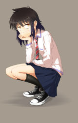 Rule 34 | 1girl, :|, black footwear, black hair, black socks, blue skirt, brown background, closed mouth, collared shirt, commentary request, converse, dress shirt, full body, hand on own chin, head rest, jitome, looking at viewer, medium hair, necktie, onimushi hyogo, original, pleated skirt, red eyes, red necktie, shirt, shoes, simple background, skirt, sneakers, socks, solo, squatting, striped necktie, striped neckwear, white shirt
