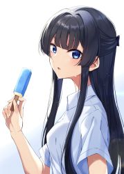 Rule 34 | 1girl, absurdres, black hair, blue eyes, commentary request, food, gradient background, half updo, highres, idolmaster, idolmaster million live!, kurousagi yuu, long hair, looking at viewer, looking to the side, mogami shizuka, popsicle, shirt, short sleeves, solo, sweat, upper body, white background, white shirt