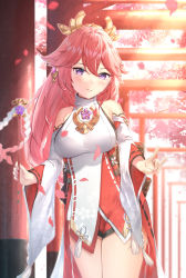 Rule 34 | 1girl, bare shoulders, breasts, chahei, commentary request, detached sleeves, fox shadow puppet, genshin impact, hair between eyes, highres, holding, long hair, long sleeves, looking at viewer, medium breasts, multiple torii, parted lips, petals, pink hair, purple eyes, shide, shirt, sleeveless, sleeveless shirt, smile, solo, standing, torii, very long hair, white shirt, white sleeves, wide sleeves, yae miko