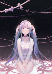 Rule 34 | 1girl, black background, blue eyes, blue hair, bow, bowtie, collar, dustea, hair ornament, hands on lap, hatsune miku, highres, long hair, long sleeves, looking up, seiza, shirt, sitting, socks, string, twintails, very long hair, vocaloid, white shirt