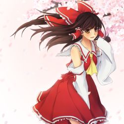 Rule 34 | 1girl, ascot, bad id, bad pixiv id, bare shoulders, bow, brown hair, cherry blossoms, cowboy shot, detached sleeves, hair bow, hair tubes, hakurei reimu, hand in own hair, long hair, looking at viewer, nemunemu (bluelight5), nontraditional miko, open mouth, solo, touhou, yellow eyes