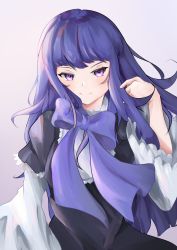Rule 34 | 1girl, black dress, blue bow, bow, dress, dress bow, frederica bernkastel, frilled dress, frilled sleeves, frills, gothic lolita, highres, layered dress, lolita fashion, long hair, orchid (orukido), puffy sleeves, purple bow, purple eyes, purple hair, sidelocks, solo, umineko no naku koro ni, upper body, white sleeves, wide sleeves, witch