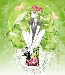 Rule 34 | 1other, androgynous, artist name, black necktie, bug, butterfly, character name, eri na, green eyes, green hair, houseki no kuni, insect, long hair, matching hair/eyes, multicolored hair, necktie, shirt, short sleeves, solo, sparkle, uniform, watermelon tourmaline (houseki no kuni), white shirt