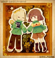 Rule 34 | 1boy, androgynous, artist name, asriel dreemurr, barefoot, blush, blush stickers, boots, brown hair, brown pants, brown shorts, chara (undertale), closed eyes, floral background, flower, flower wreath, flowey (undertale), framed, furry, furry male, green shirt, green sweater, heart, heart necklace, jewelry, knife, locket, long sleeves, monster boy, moyo (amaniwa), necklace, pants, pendant, plant, puffy long sleeves, puffy sleeves, red eyes, shirt, short hair, shorts, smile, spoilers, star (symbol), sweater, undertale, vines
