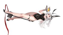 Rule 34 | 1girl, alternate hairstyle, animal ears, arknights, bare shoulders, blush, commentary, demon girl, demon horns, fake animal ears, gloves, hair ornament, hairclip, highres, horns, infection monitor (arknights), leotard, long hair, maria (syake-uni), material growth, mudrock (arknights), oripathy lesion (arknights), playboy bunny, pointy ears, rabbit ears, red eyes, sideways, silver hair, solo, war hammer, weapon