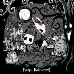 Rule 34 | 1boy, 1girl, 1other, arizuka (catacombe), bare tree, bat (animal), brooch, cloak, commentary, copyright name, ascot, english text, eyeliner, flower, full body, full moon, graveyard, greyscale, grimm (hollow knight), halloween, hat, highres, holding, holding lantern, hollow eyes, hollow knight, hornet (hollow knight), horns, jack-o&#039;-lantern, jewelry, knight (hollow knight), lantern, looking at viewer, makeup, monochrome, moon, outdoors, rose, spot color, standing, tombstone, top hat, tree, wings