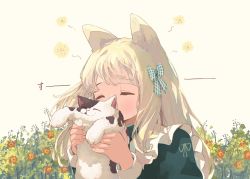 Rule 34 | 1girl, animal, animal ears, apron, aqua ribbon, black cat, blonde hair, cat, cat ears, commentary request, covered mouth, dress, closed eyes, flower, frilled apron, frills, green dress, hair ribbon, hands up, highres, holding, holding animal, holding cat, long hair, long sleeves, oimo imoo, original, plant, ribbon, simple background, smelling, solo, upper body, white background, white cat