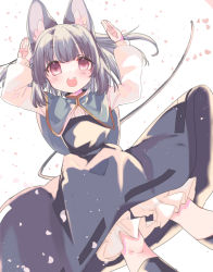 Rule 34 | 1girl, :d, animal ears, arms up, blush, capelet, dowsing rod, dress, grey dress, grey hair, hall jion, highres, jewelry, long sleeves, looking at viewer, mouse ears, mouse tail, nazrin, open mouth, pendant, petals, purple eyes, rabbit pose, red eyes, shirt, short hair, simple background, skirt, skirt set, smile, solo, tail, teeth, touhou, upper teeth only, white background