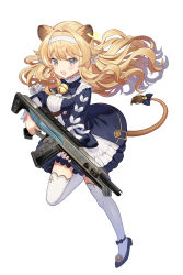 Rule 34 | animal ears, bell, blonde hair, blue footwear, blue jacket, bow, dress, earrings, finger on trigger, frilled dress, frills, grey eyes, gun, hair intakes, hair ribbon, hairband, highres, holding, holding gun, holding weapon, jacket, jewelry, jingle bell, lion ears, lion girl, lion tail, long hair, looking at viewer, noripro, okanoyuno, open mouth, pom pom (clothes), regrush lionheart, ribbon, simple background, smile, tail, tail bell, tail ornament, tail ribbon, thighhighs, v-shaped eyebrows, virtual youtuber, wavy hair, weapon, white background, white dress, white thighhighs