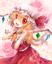 Rule 34 | 1girl, :d, ascot, blonde hair, fang, female focus, flandre scarlet, hand to own mouth, hat, hat ribbon, highres, open mouth, red eyes, ribbon, sakura ran, side ponytail, skirt, skirt set, smile, solo, sparkle, touhou, wings