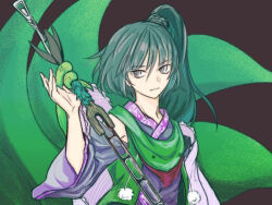 Rule 34 | 1other, adagumo no yaorochi, androgynous, artist request, bare shoulders, black hair, black kimono, brown background, cape, closed mouth, coat, detached sleeves, floral print, frilled cape, frown, green coat, green scarf, grey eyes, hand up, holding, holding sword, holding weapon, holding with tail, japanese clothes, kimono, len&#039;en, long hair, long sleeves, looking at viewer, multiple tails, open clothes, open coat, pom pom (clothes), prehensile tail, protected link, purple cape, purple trim, red scarf, scarf, second-party source, side ponytail, sleeveless, sleeveless coat, snake tail, sword, sword of kusanagi, tail, tasouken, upper body, weapon, wide sleeves