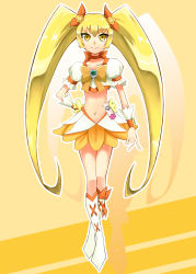 Rule 34 | 10s, 1girl, bad id, bad pixiv id, blonde hair, boots, bow, brooch, cure sunshine, earrings, gyuniku, hand on own hip, heart, heart brooch, heartcatch precure!, highres, hip focus, jewelry, knee boots, long hair, magical girl, midriff, myoudouin itsuki, navel, orange bow, precure, skirt, smile, solo, twintails, yellow background, yellow bow, yellow eyes, yellow theme