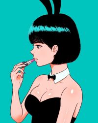 Rule 34 | 1girl, animal ears, applying makeup, aqua background, bare shoulders, black bow, black bowtie, black eyes, black hair, blue nails, blunt bangs, blunt ends, bow, bowtie, breasts, cleavage, closed mouth, collarbone, commentary request, detached collar, fake animal ears, fingernails, from side, hairband, hand up, jab (jab 0901), large breasts, leotard, lipstick, looking to the side, makeup, nail polish, original, playboy bunny, rabbit ears, short hair, simple background, solo, strapless, strapless leotard, traditional bowtie, upper body